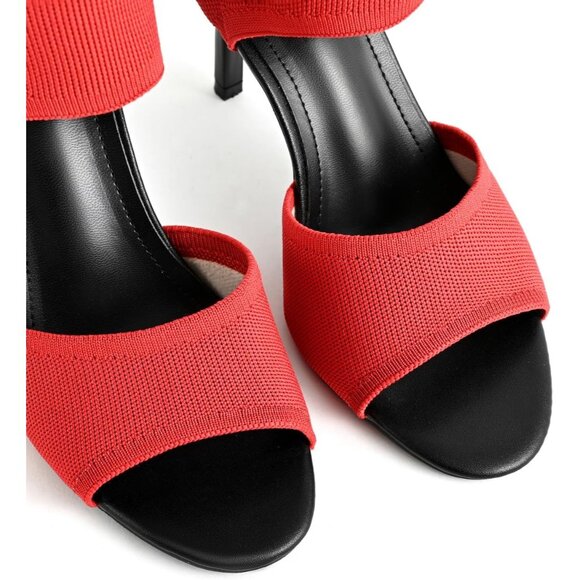 Red 3 Inches Peep Toe Synthetic Stiletto Stretchy Heeled Sandals for Women - Picture 2 of 10